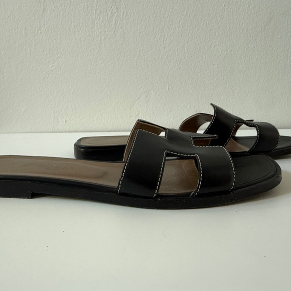 WOMEN'S HERMES H LOGO DARK BROWN LEATHER SLIDES SIZE EU 37 - Picture 2 of 6